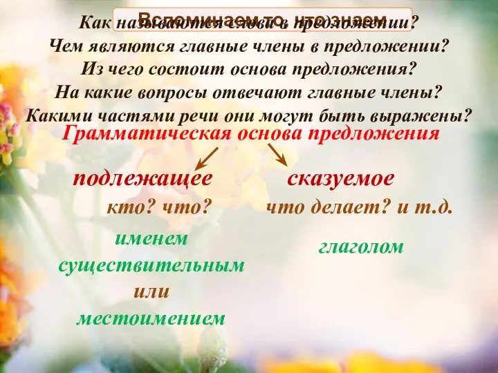 Вспоминаем то, что знаем Грамматическая основа предложения подлежащее сказуемое кто?