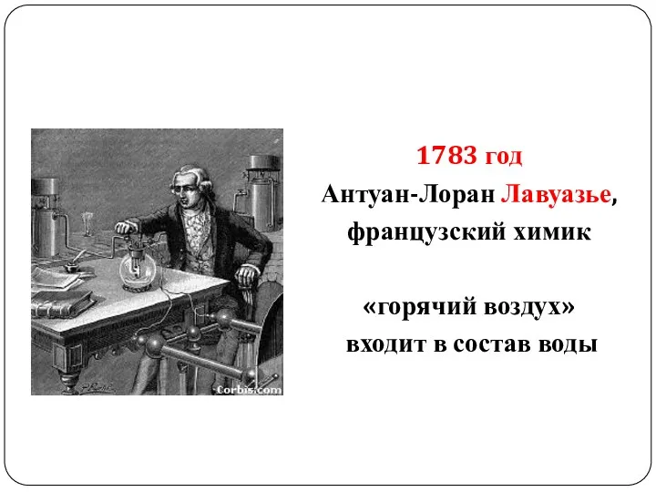 1783 год Антуан-Лоран Лавуазье, французский химик «горячий воздух» входит в состав воды