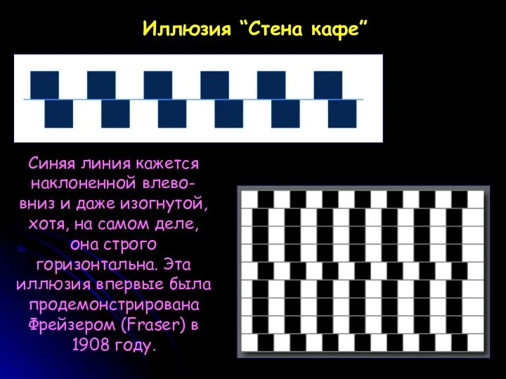 Синяя линия кажется наклоненной влево-вниз и даже изогнутой,хотя, на самом