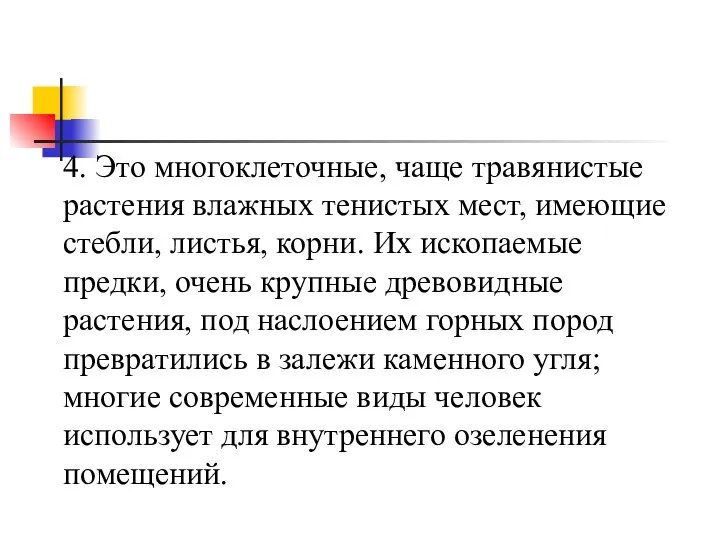 4. Это многоклеточные, чаще травянистые растения влажных тенистых мест, имеющие