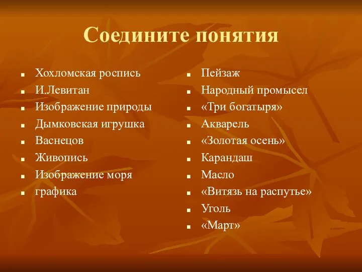 Соедините понятия Хохломская роспись И.Левитан Изображение природы Дымковская игрушка Васнецов Живопись Изображение моря