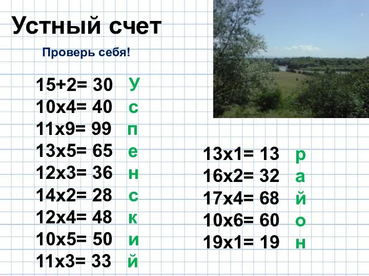 Устный счет 15+2= 30 У 10х4= 40 с 11х9= 99