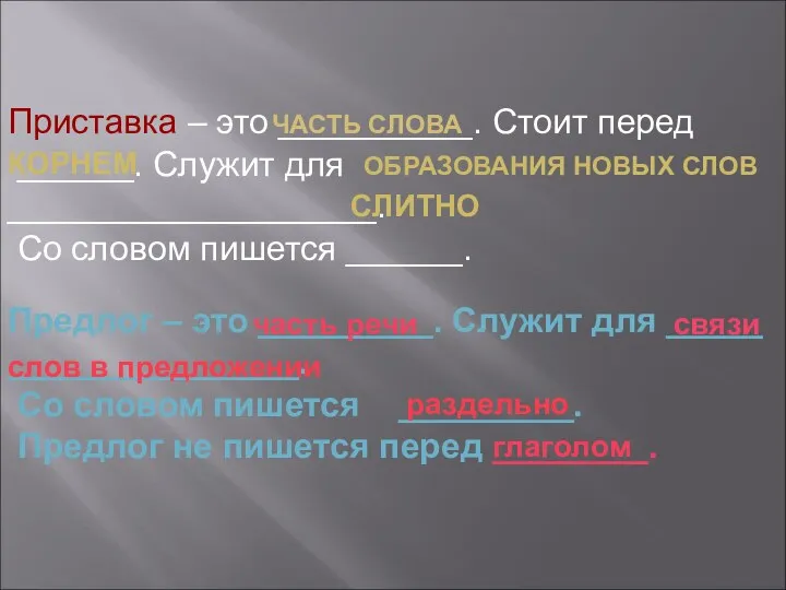 Проверь себя Приставка – это __________. Стоит перед ______. Служит для ___________________. Со