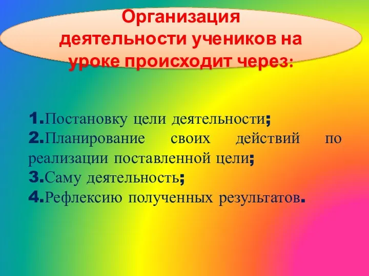 Организация деятельности учеников на уроке происходит через: 1.Постановку цели деятельности;