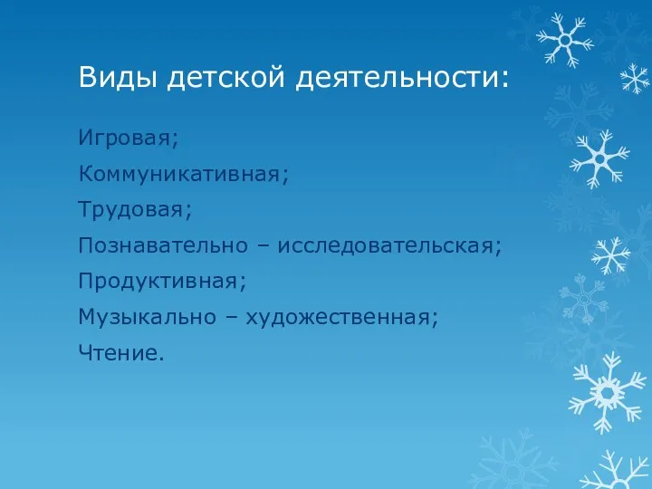 Виды детской деятельности: Игровая; Коммуникативная; Трудовая; Познавательно – исследовательская; Продуктивная; Музыкально – художественная; Чтение.