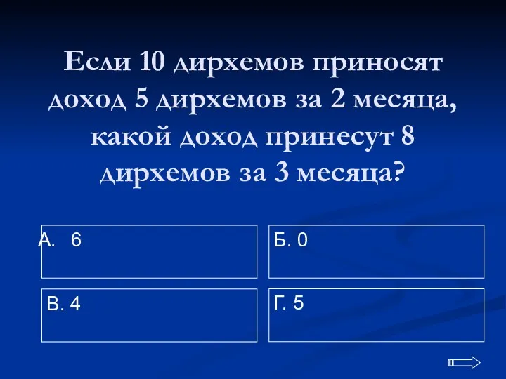 Если 10 дирхемов приносят доход 5 дирхемов за 2 месяца,