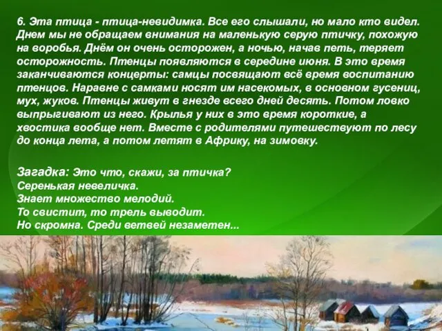 6. Эта птица - птица-невидимка. Все его слышали, но мало