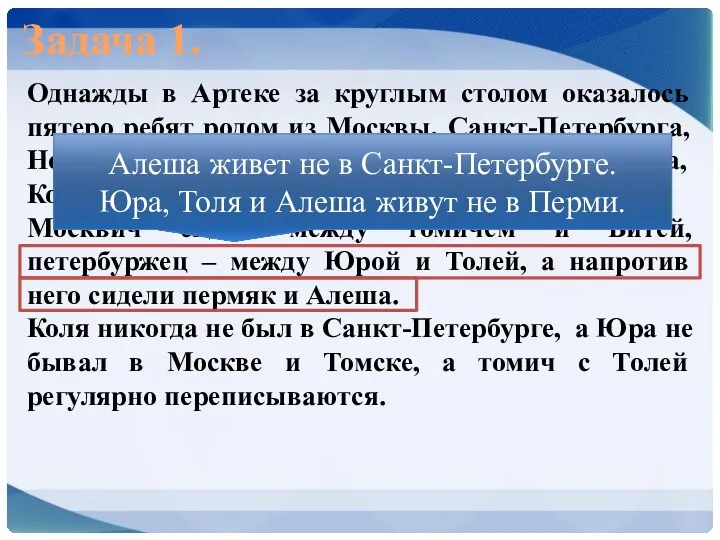 Задача 1. Однажды в Артеке за круглым столом оказалось пятеро