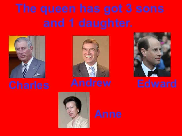 The queen has got 3 sons and 1 daughter. Charles Andrew Edward Anne