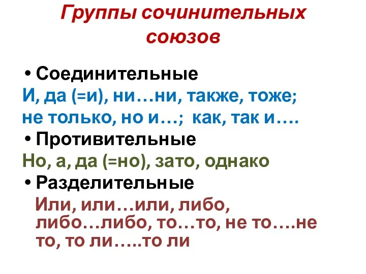 Группы сочинительных союзов Соединительные И, да (=и), ни…ни, также, тоже;