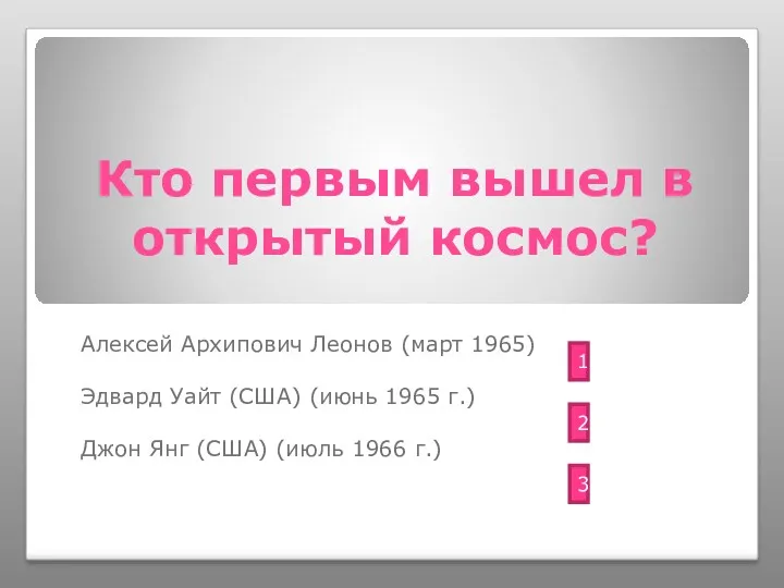 Кто первым вышел в открытый космос? Алексей Архипович Леонов (март 1965) Эдвард Уайт