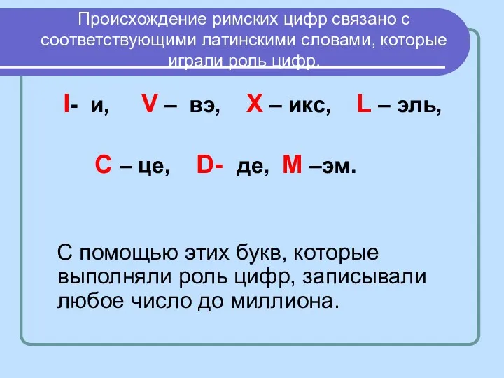 Происхождение римских цифр связано с соответствующими латинскими словами, которые играли