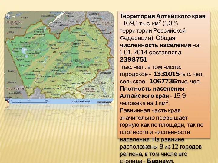 Территория Алтайского края - 169,1 тыс. км2 (1,0% территории Российской Федерации). Общая численность