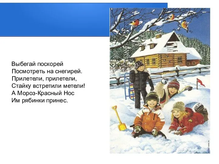 Выбегай поскорей Посмотреть на снегирей. Прилетели, прилетели, Стайку встретили метели! А Мороз-Красный Нос Им рябинки принес.