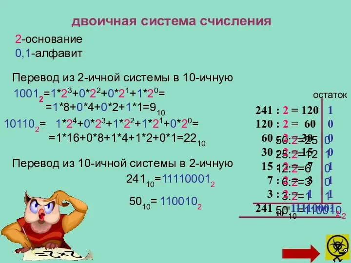 24110=111100012 5010= 1100102 двоичная система счисления 2-основание 0,1-алфавит 10012=1*23+0*22+0*21+1*20= =1*8+0*4+0*2+1*1=910