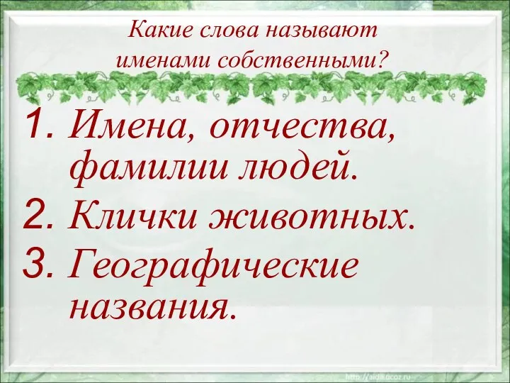 Какие слова называют именами собственными? Имена, отчества, фамилии людей. Клички животных. Географические названия.