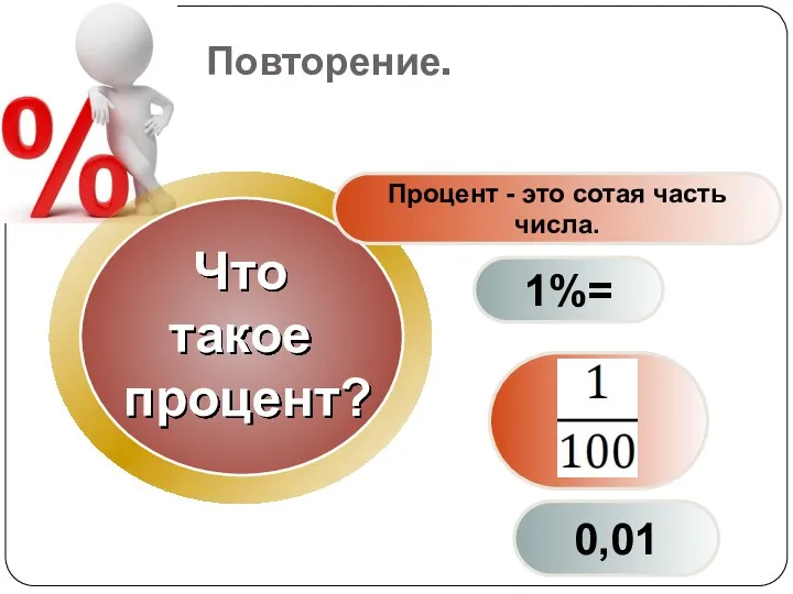 Повторение. Процент - это сотая часть числа. 1%= 0,01 Что такое процент?