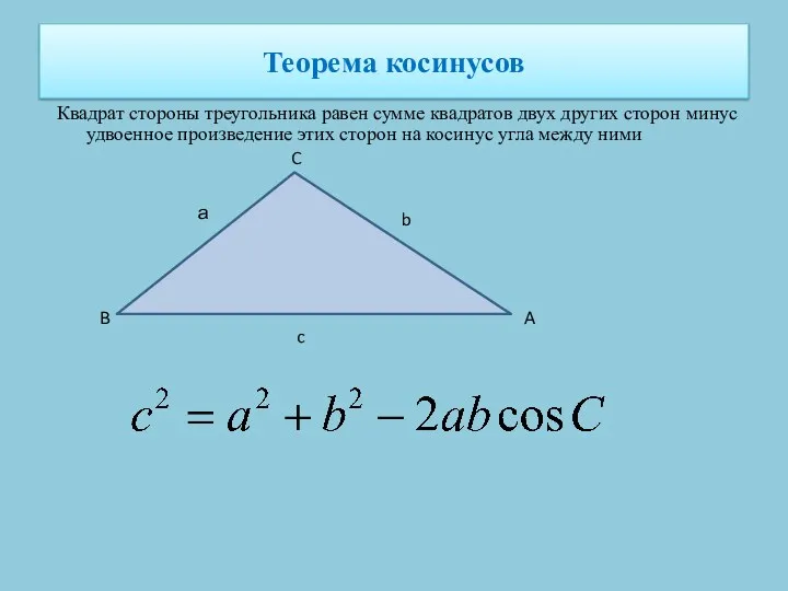 Теорема косинусов Квадрат стороны треугольника равен сумме квадратов двух других сторон минус удвоенное