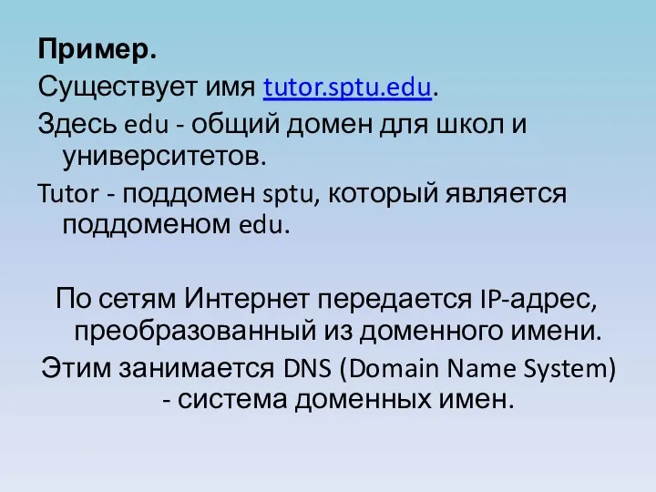 Пример. Существует имя tutor.sptu.edu. Здесь edu - общий домен для