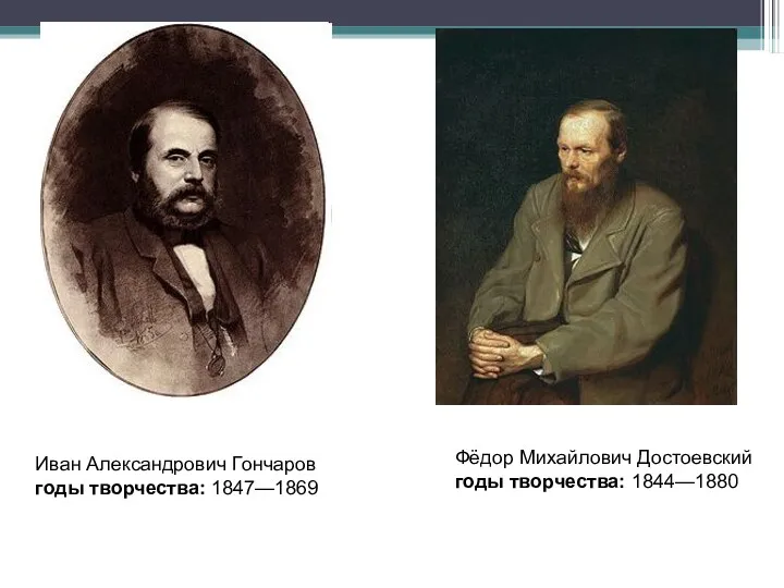 Иван Александрович Гончаров годы творчества: 1847—1869 Фёдор Михайлович Достоевский годы творчества: 1844—1880