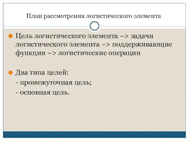 Цель логистического элемента −> задачи логистического элемента −> поддерживающие функции −> логистические операции