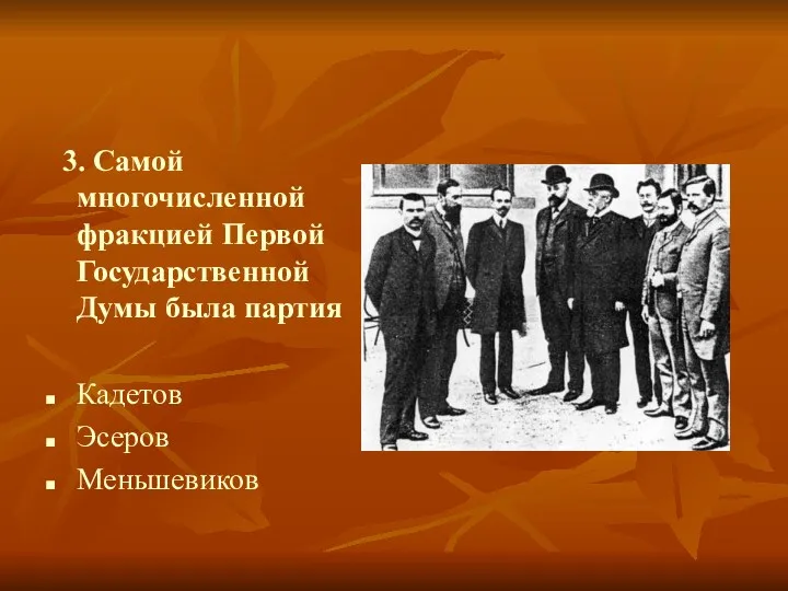 3. Самой многочисленной фракцией Первой Государственной Думы была партия Кадетов Эсеров Меньшевиков