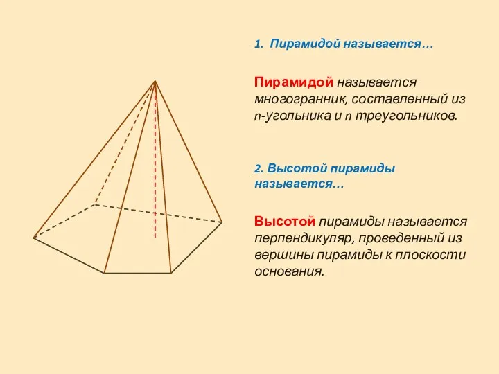1. Пирамидой называется… Пирамидой называется многогранник, составленный из n-угольника и
