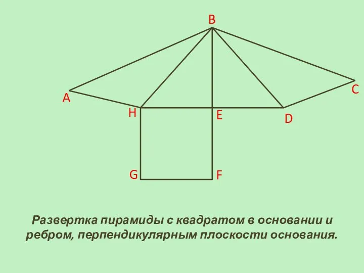 Развертка пирамиды с квадратом в основании и ребром, перпендикулярным плоскости