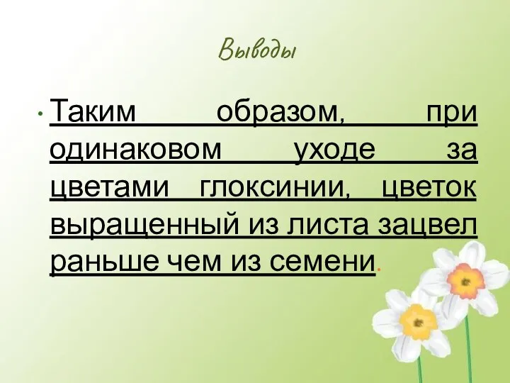 Выводы Таким образом, при одинаковом уходе за цветами глоксинии, цветок