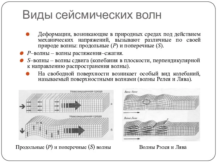 Виды сейсмических волн Деформации, возникающие в природных средах под действием механических напряжений, вызывают