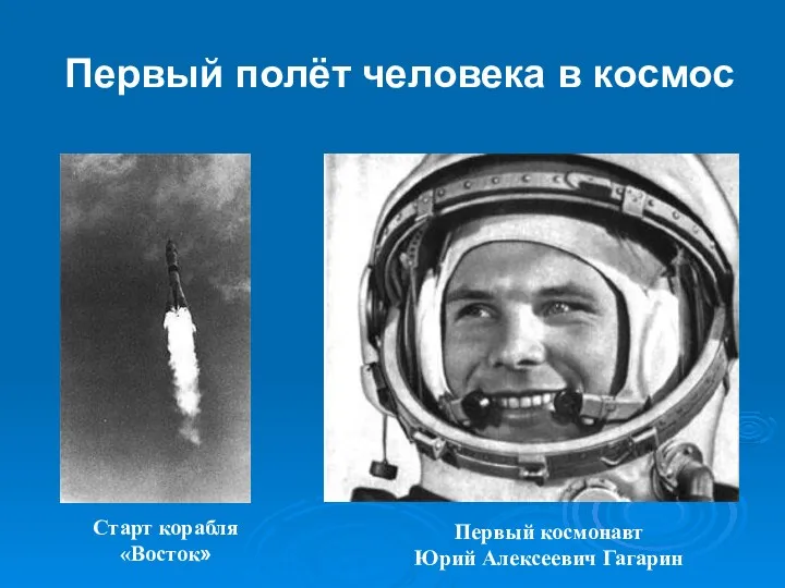 Первый полёт человека в космос Старт корабля «Восток» Первый космонавт Юрий Алексеевич Гагарин
