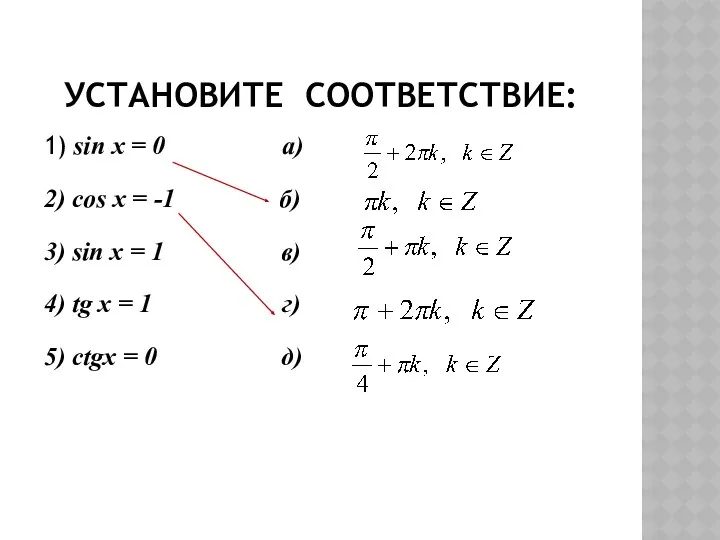 УСТАНОВИТЕ СООТВЕТСТВИЕ: 1) sin x = 0 а) 2) cos