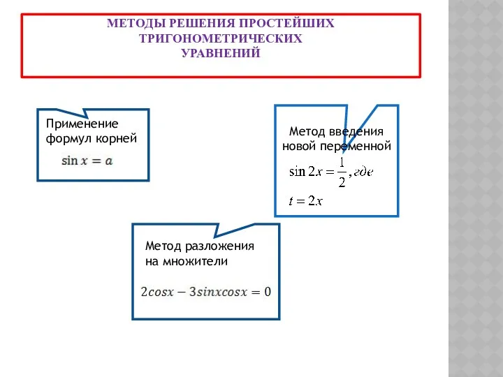 МЕТОДЫ РЕШЕНИЯ ПРОСТЕЙШИХ ТРИГОНОМЕТРИЧЕСКИХ УРАВНЕНИЙ ghb Применение формул корней Метод введения новой переменной