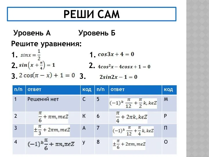 РЕШИ САМ Уровень А Уровень Б Решите уравнения: 1. 1. 2. 2. 3. 3.