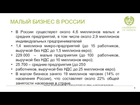 В России существуют около 4,6 миллионов малых и средних предприятий, в том числе