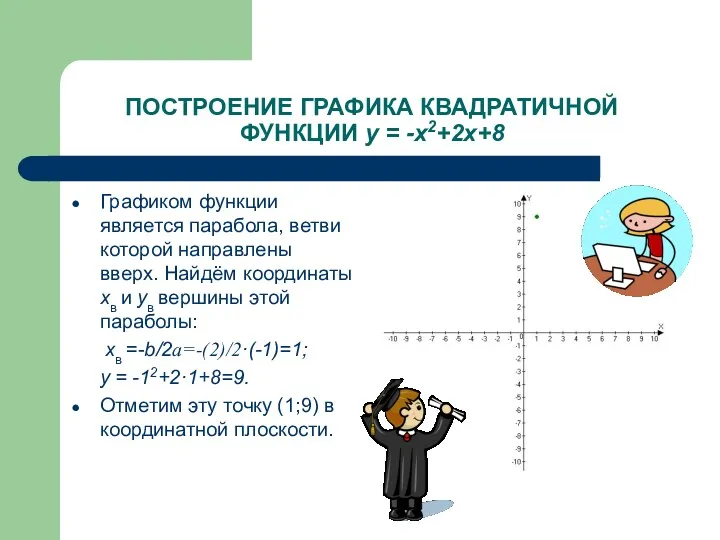 ПОСТРОЕНИЕ ГРАФИКА КВАДРАТИЧНОЙ ФУНКЦИИ у = -х2+2х+8 Графиком функции является