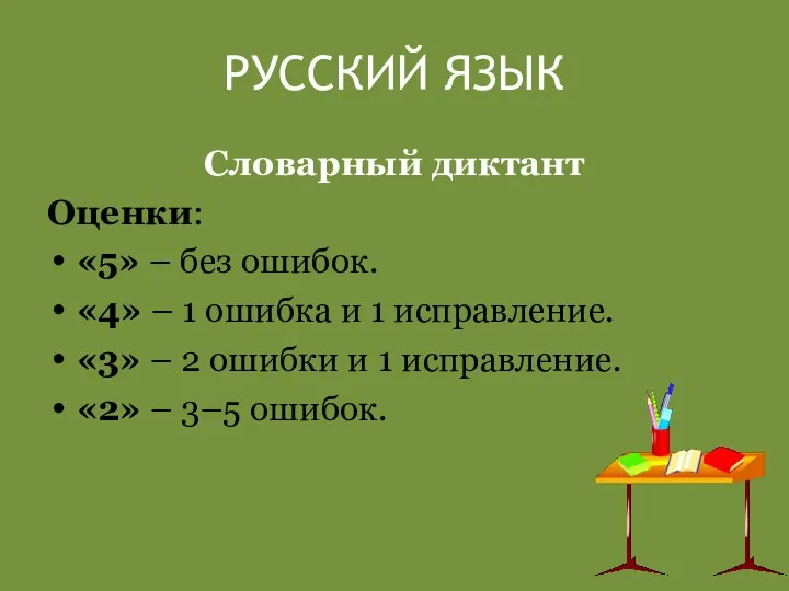 РУССКИЙ ЯЗЫК Словарный диктант Оценки: «5» – без ошибок. «4»