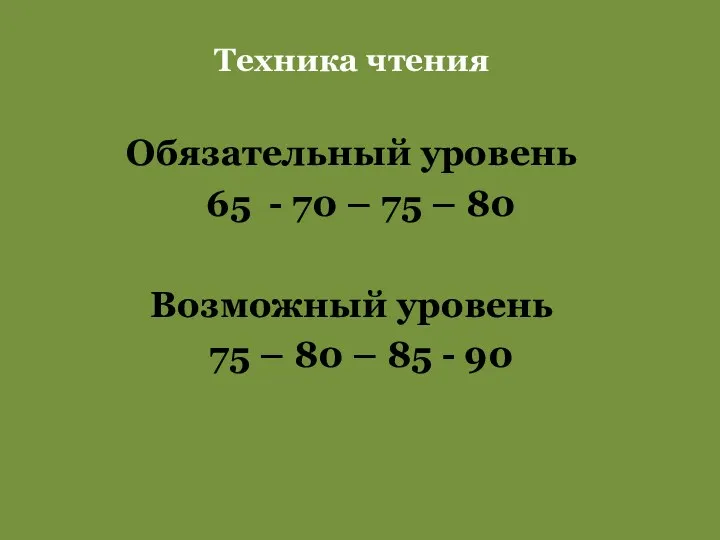 Техника чтения Обязательный уровень 65 - 70 – 75 –