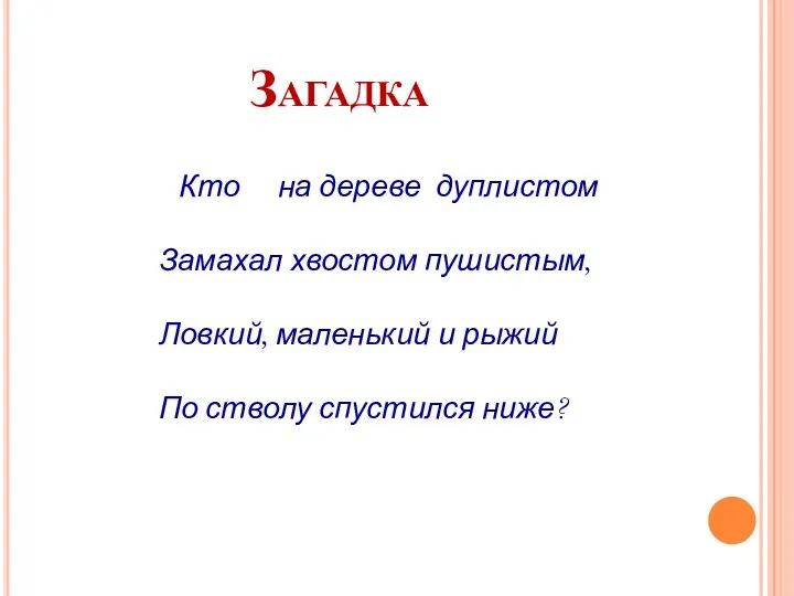 Загадка Кто на дереве дуплистом Замахал хвостом пушистым, Ловкий, маленький и рыжий По стволу спустился ниже?