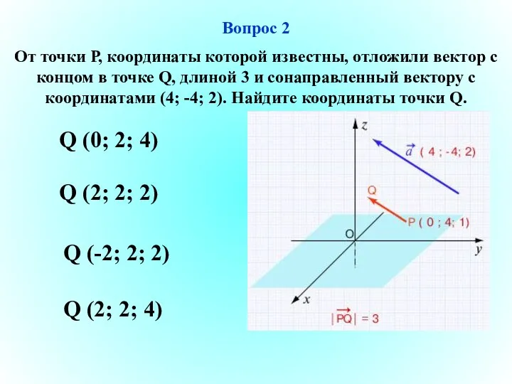Вопрос 2 От точки Р, координаты которой известны, отложили вектор с концом в