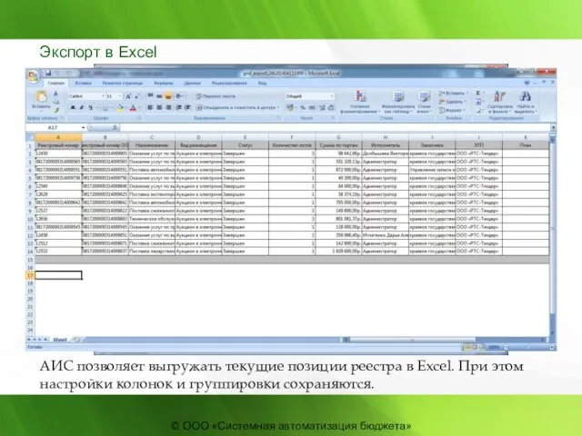 АИС позволяет выгружать текущие позиции реестра в Excel. При этом настройки колонок и