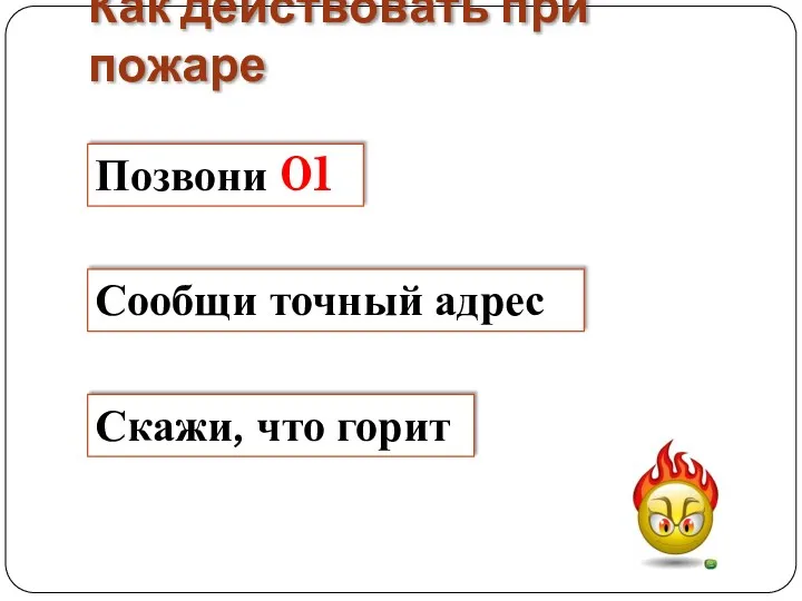 Как действовать при пожаре Позвони 01 Сообщи точный адрес Скажи, что горит