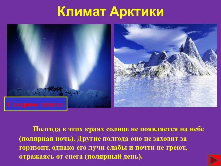 Климат Арктики Северное сияние Полгода в этих краях солнце не появляется на небе