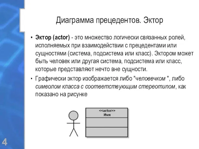Диаграмма прецедентов. Эктор Эктор (actor) - это множество логически связанных ролей, исполняемых при