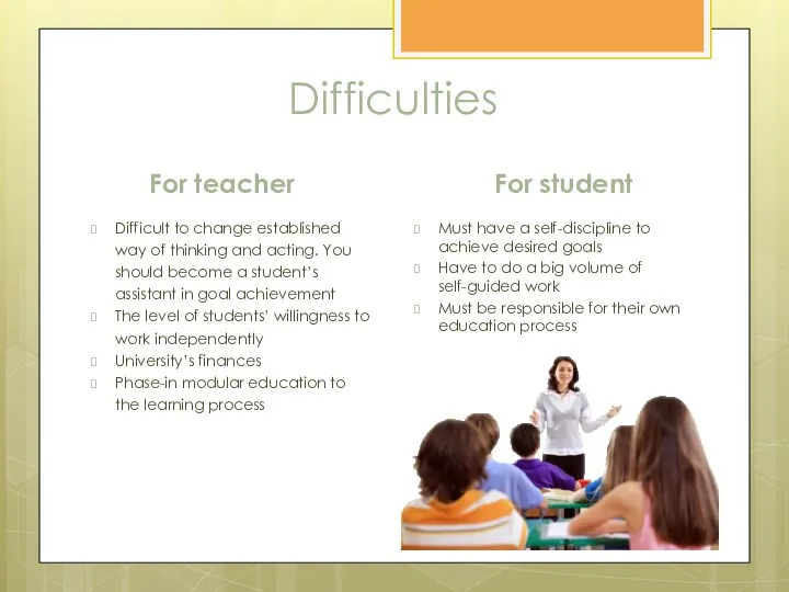 Difficulties For teacher Difficult to change established way of thinking