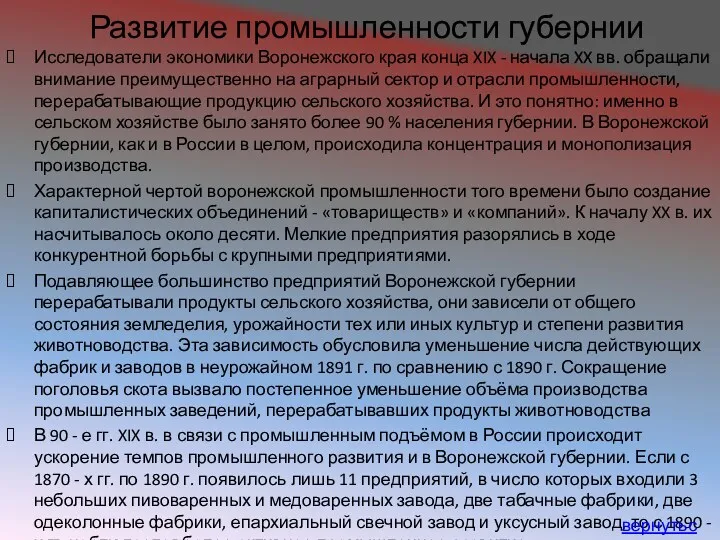 Развитие промышленности губернии Исследователи экономики Воронежского края конца XIX - начала XX вв.