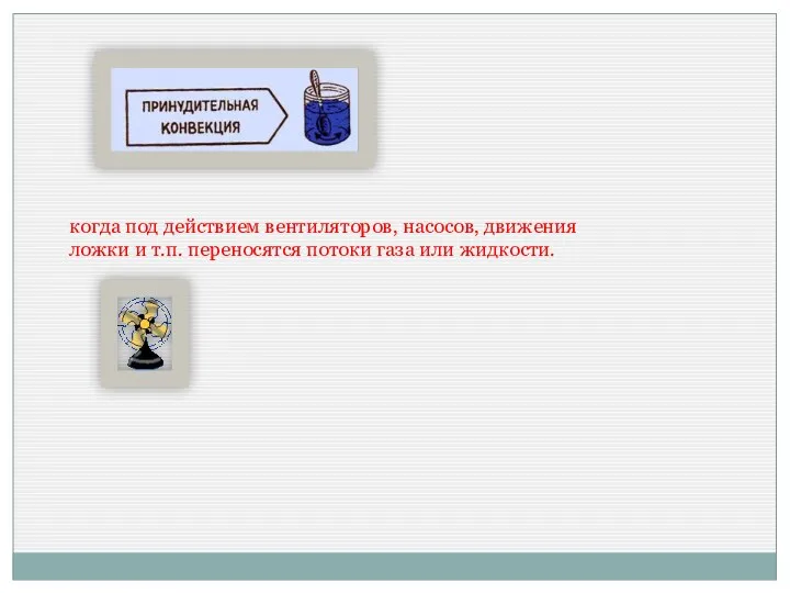 когда под действием вентиляторов, насосов, движения ложки и т.п. переносятся потоки газа или жидкости.