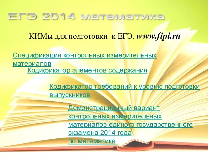 ЕГЭ 2014 математика КИМы для подготовки к ЕГЭ. www.fipi.ru Спецификация
