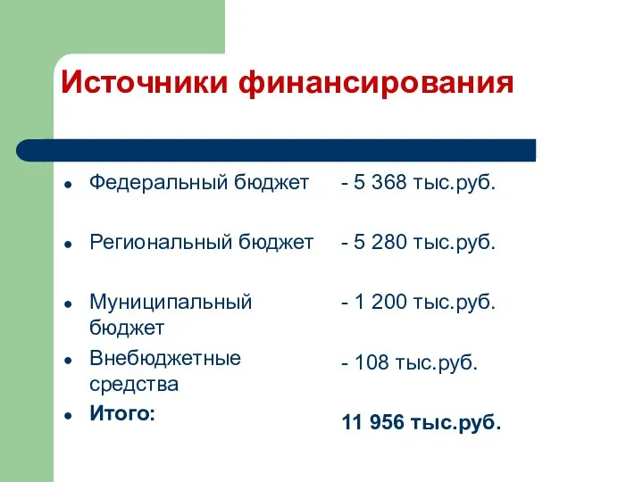 Источники финансирования Федеральный бюджет Региональный бюджет Муниципальный бюджет Внебюджетные средства