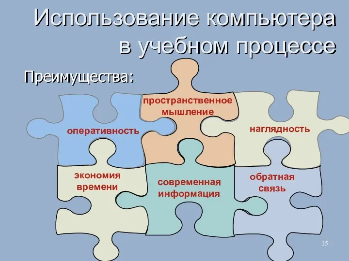 Использование компьютера в учебном процессе Преимущества: наглядность обратная связь оперативность пространственное мышление современная информация экономия времени